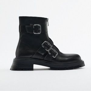 ZARA LOW HEELED LEATHER ANKLE BOOTS WITH BUCKLES, Black Combat NWOT Size 6.5/7